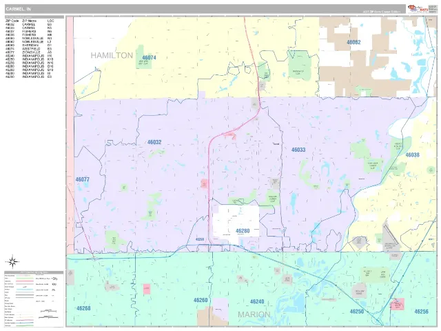 Carmel, IN ZIP Code Wall Map, Classic style