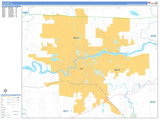 Elkhart, IN ZIP Code Wall Map, Business Reference style