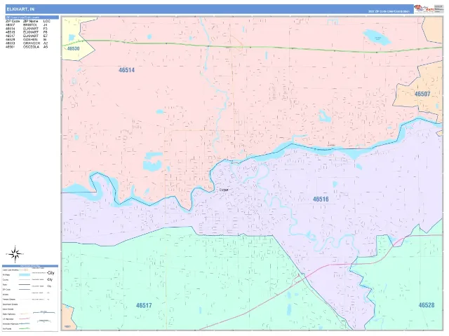 Elkhart, IN ZIP Code Wall Map, ColorCast style