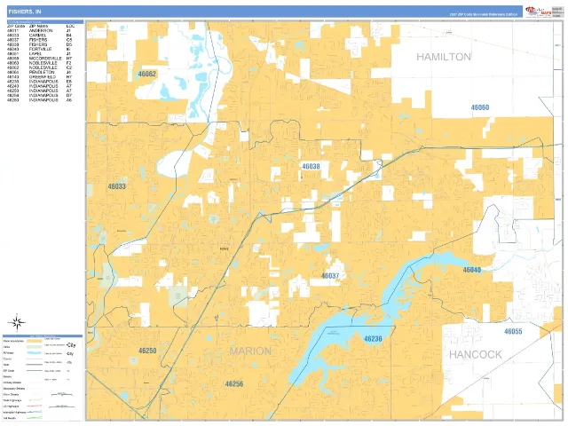 Fishers, IN ZIP Code Wall Map, Business Reference style