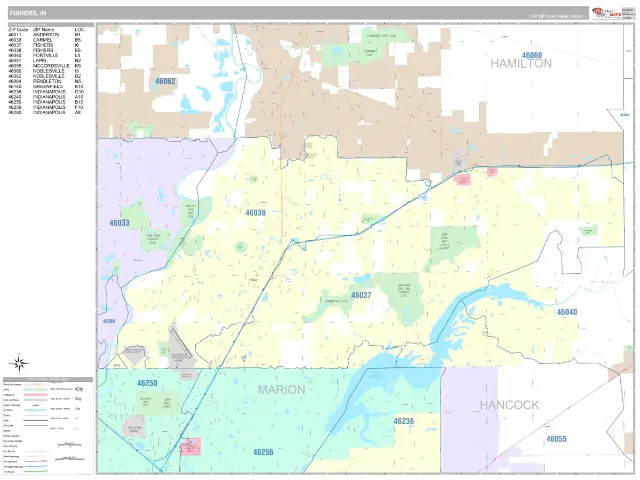 Fishers, IN ZIP Code Wall Map, Classic style
