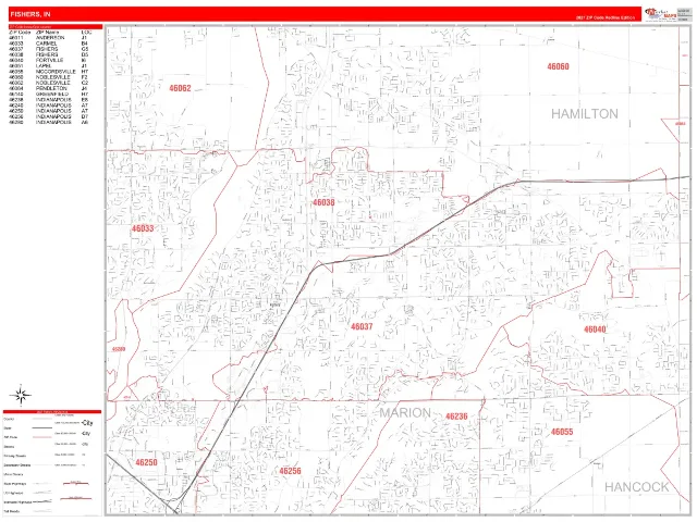 Fishers, IN ZIP Code Wall Map, RedLine style