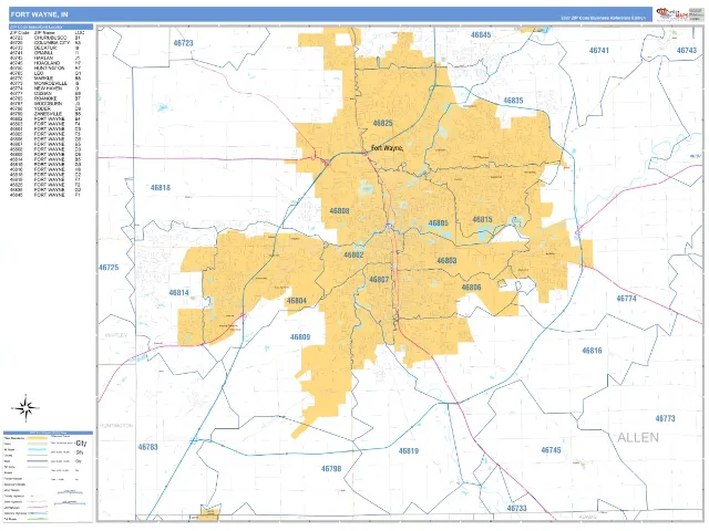 Fort Wayne, IN ZIP Code Wall Map, Business Reference style