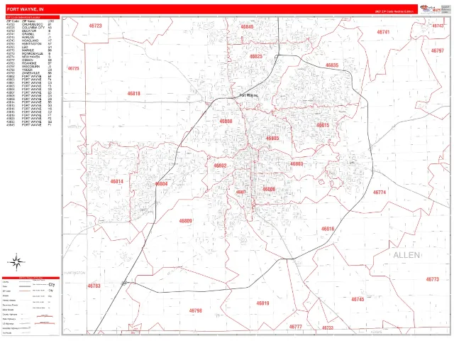 Fort Wayne, IN ZIP Code Wall Map, RedLine style