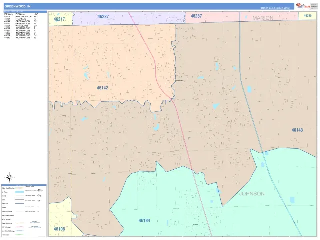 Greenwood, IN ZIP Code Wall Map, ColorCast style