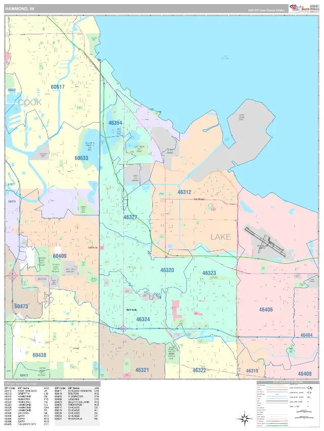 Hammond, IN ZIP Code Wall Map, Classic style