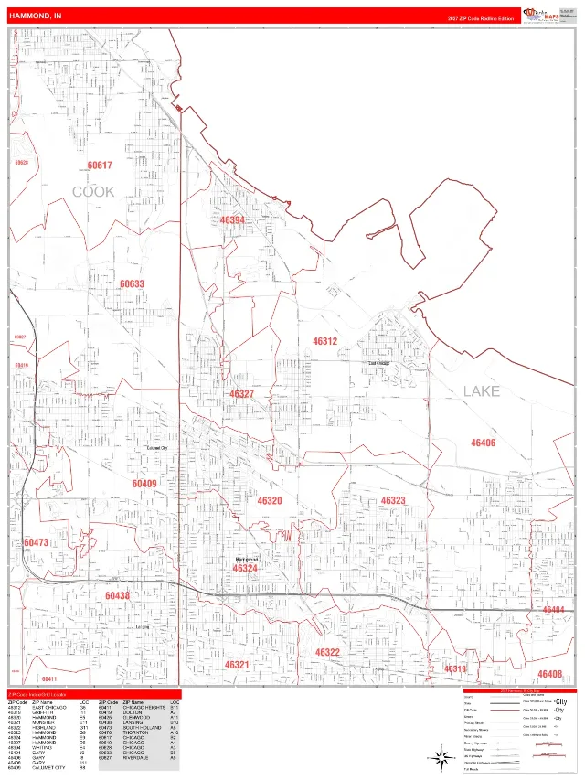 Hammond, IN ZIP Code Wall Map, RedLine style