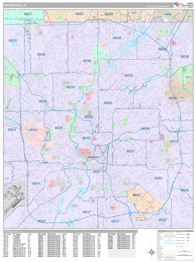 Indianapolis, IN ZIP Code Wall Map, Classic style