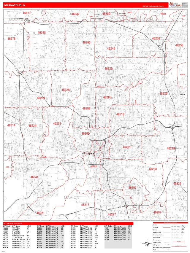 Indianapolis, IN ZIP Code Wall Map, RedLine style