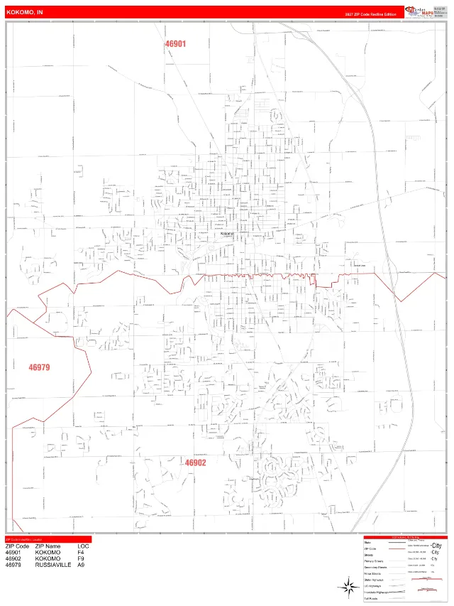 Kokomo, IN ZIP Code Wall Map, RedLine style