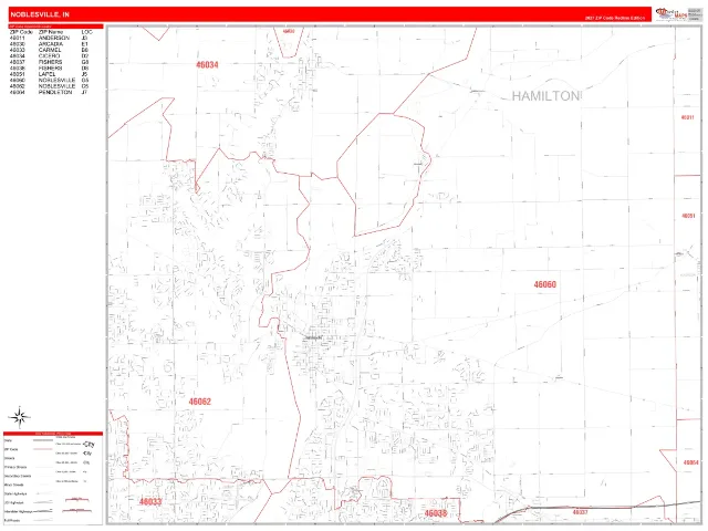 Noblesville, IN ZIP Code Wall Map, RedLine style