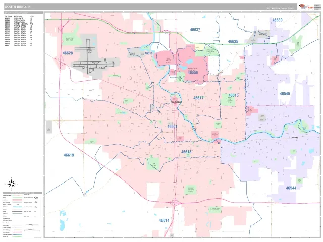 South Bend, IN ZIP Code Wall Map, Classic style