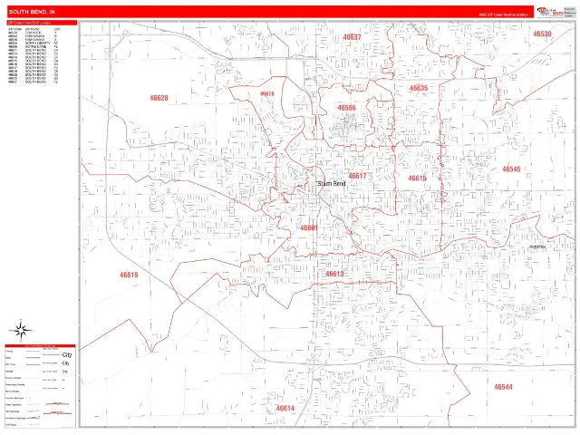 South Bend, IN ZIP Code Wall Map, RedLine style