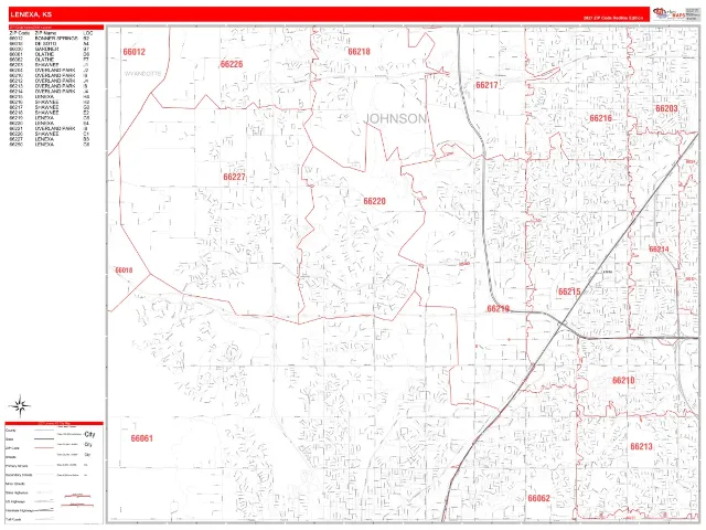 Lenexa, KS ZIP Code Wall Map, RedLine style
