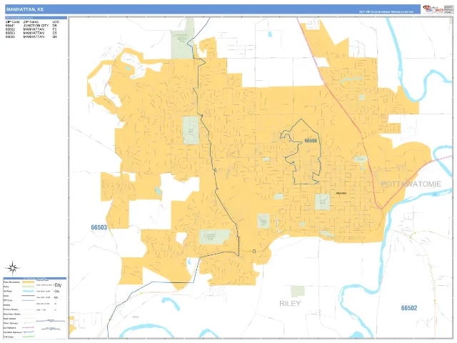 Manhattan, KS ZIP Code Wall Map, Business Reference style