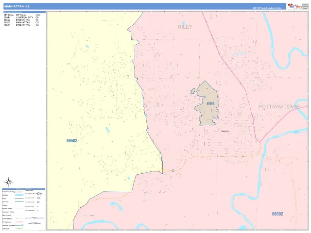 Manhattan, KS ZIP Code Wall Map, ColorCast style