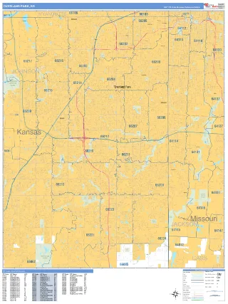 Overland Park, KS Business Reference style ZIP Code wall map