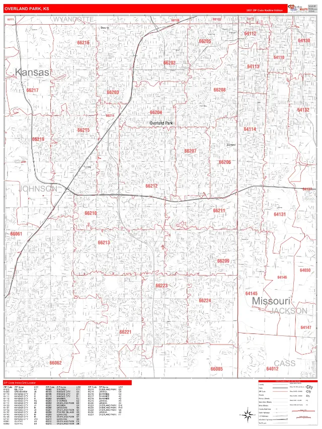 Overland Park, KS ZIP Code Wall Map, RedLine style