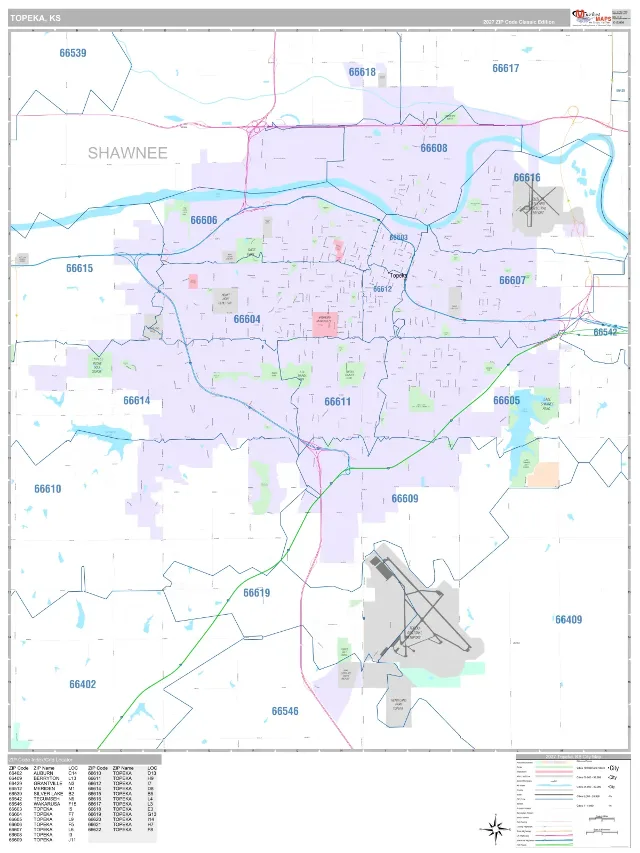 Topeka, KS ZIP Code Wall Map, Classic style