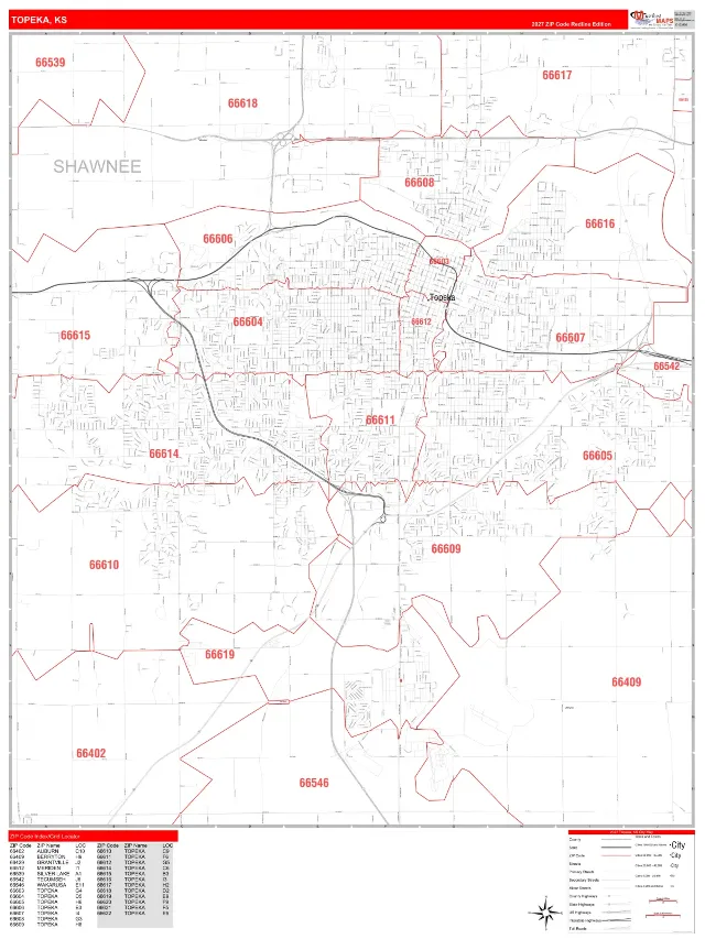 Topeka, KS ZIP Code Wall Map, RedLine style