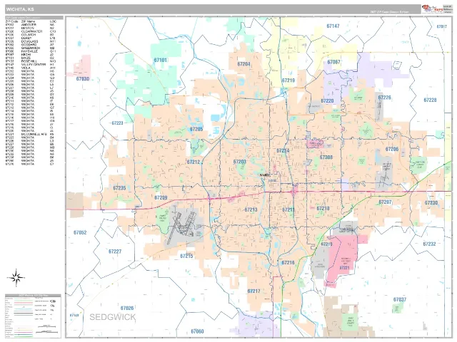Wichita, KS ZIP Code Wall Map, Classic style