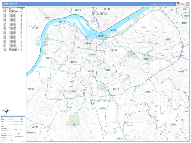 Louisville, KY ZIP Code Wall Map, Business Reference style