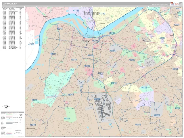 Louisville, KY ZIP Code Wall Map, Classic style