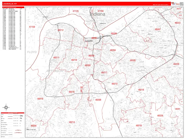 Louisville, KY ZIP Code Wall Map, RedLine style