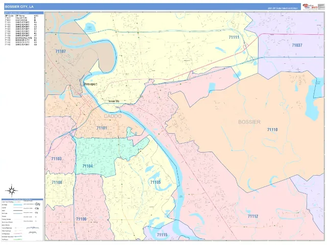 Bossier City, LA ZIP Code Wall Map, ColorCast style