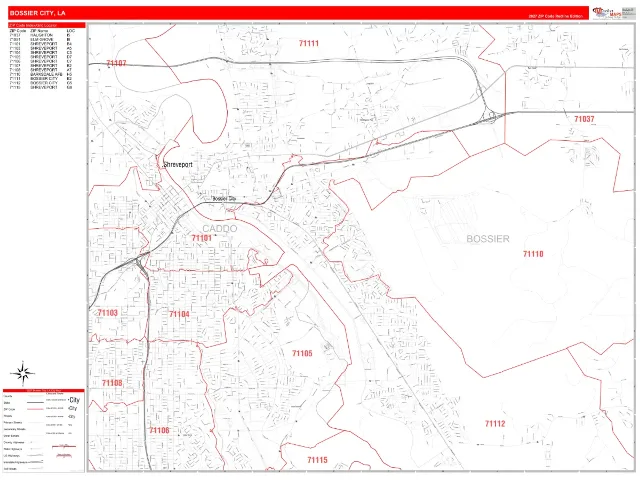 Bossier City, LA ZIP Code Wall Map, RedLine style