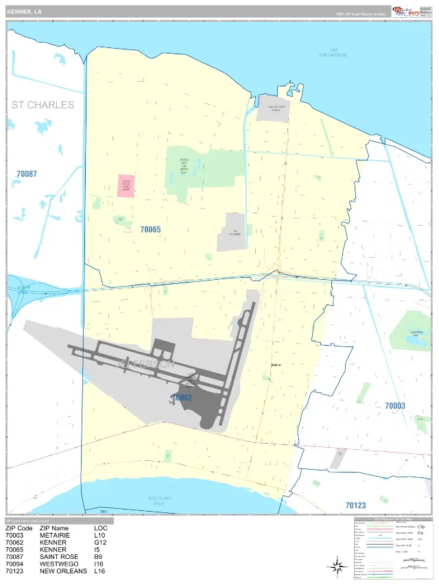 Kenner, LA ZIP Code Wall Map, Classic style