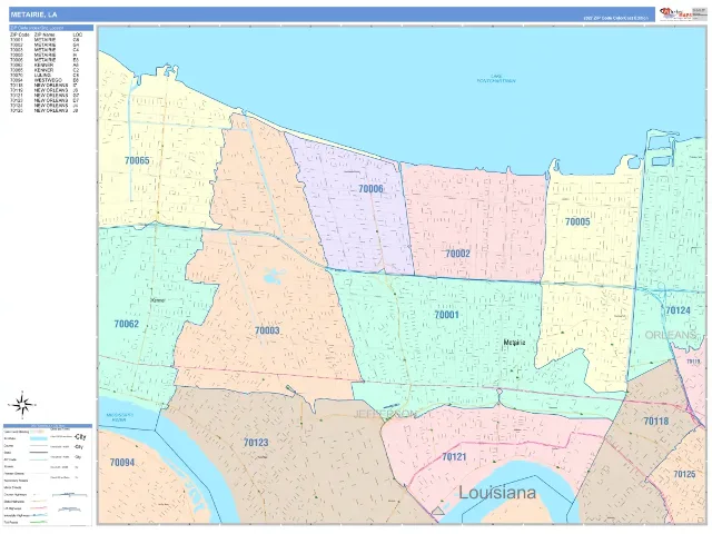 Metairie, LA ZIP Code Wall Map, ColorCast style