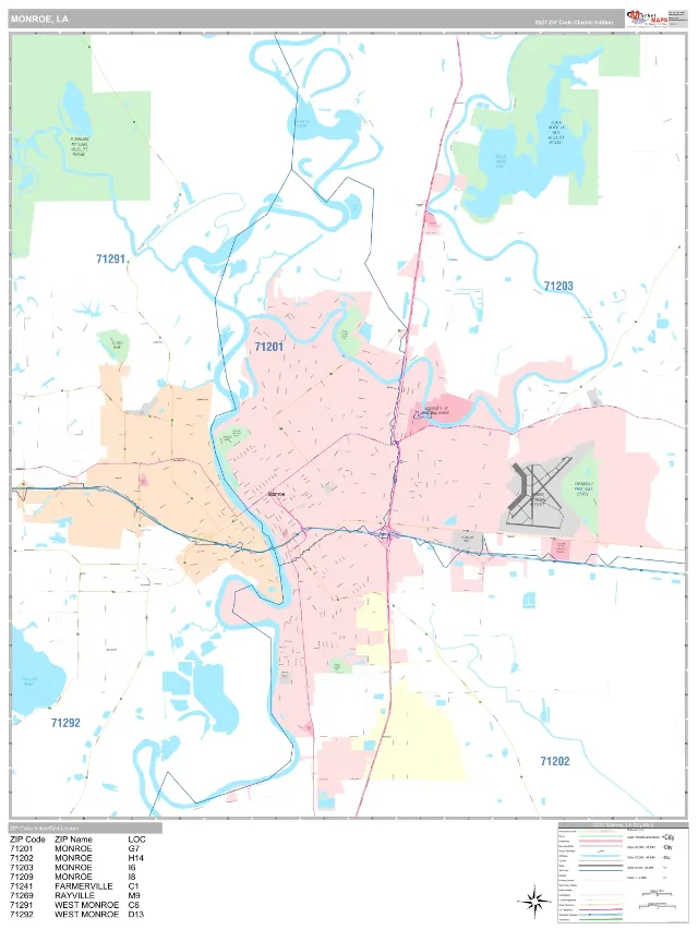 Monroe, LA ZIP Code Wall Map, Classic style