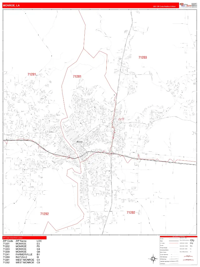 Monroe, LA ZIP Code Wall Map, RedLine style