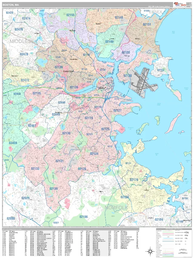 Boston, MA ZIP Code Wall Map, Classic style