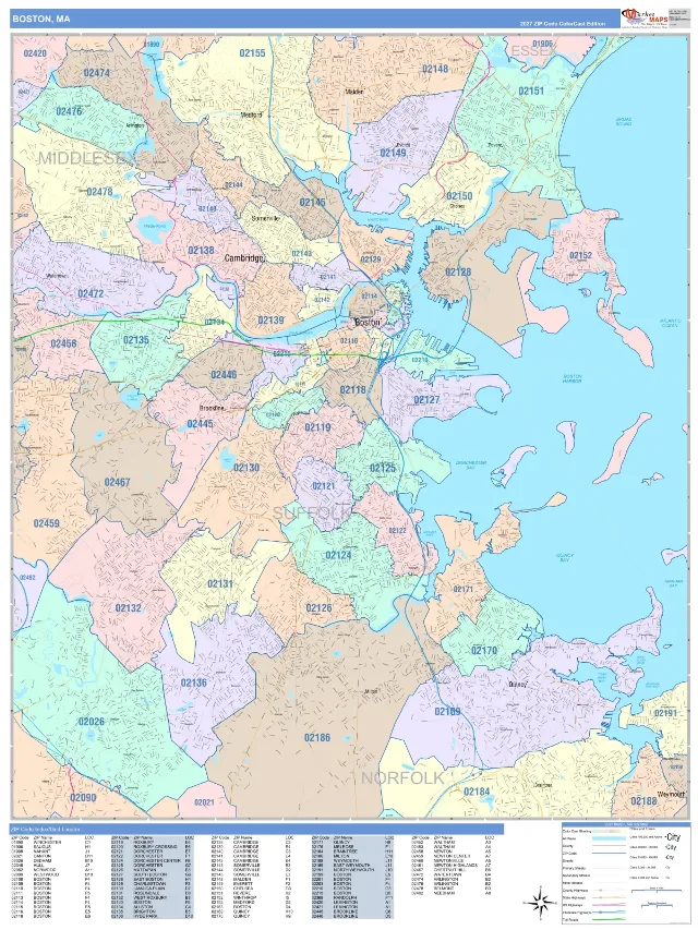 Boston, MA ZIP Code Wall Map, ColorCast style