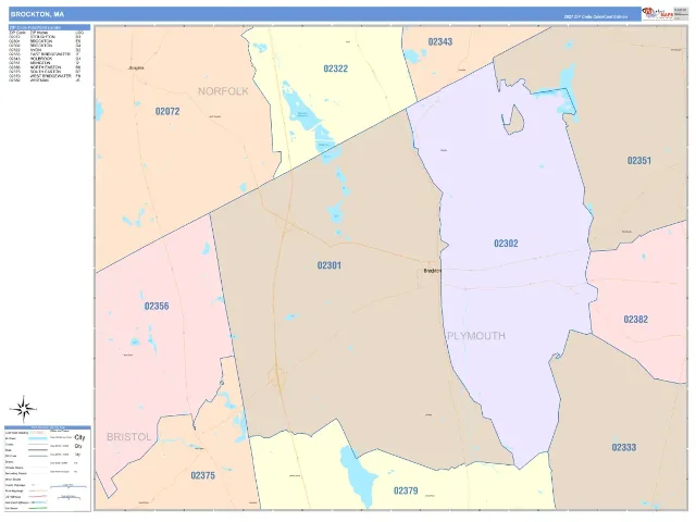 Brockton, MA ZIP Code Wall Map, ColorCast style