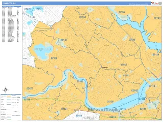 Cambridge, MA Business Reference style ZIP Code wall map