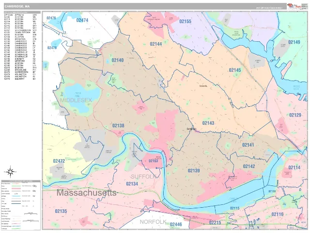 Cambridge, MA ZIP Code Wall Map, Classic style