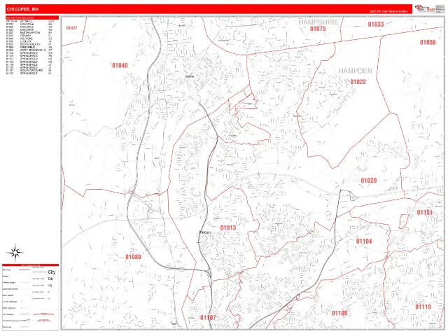 Chicopee, MA ZIP Code Wall Map, RedLine style