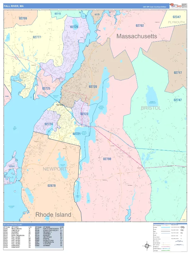 Fall River, MA ZIP Code Wall Map, ColorCast style