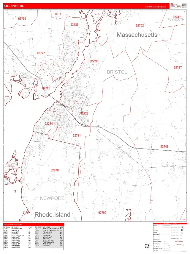 Fall River, MA ZIP Code Wall Map, RedLine style