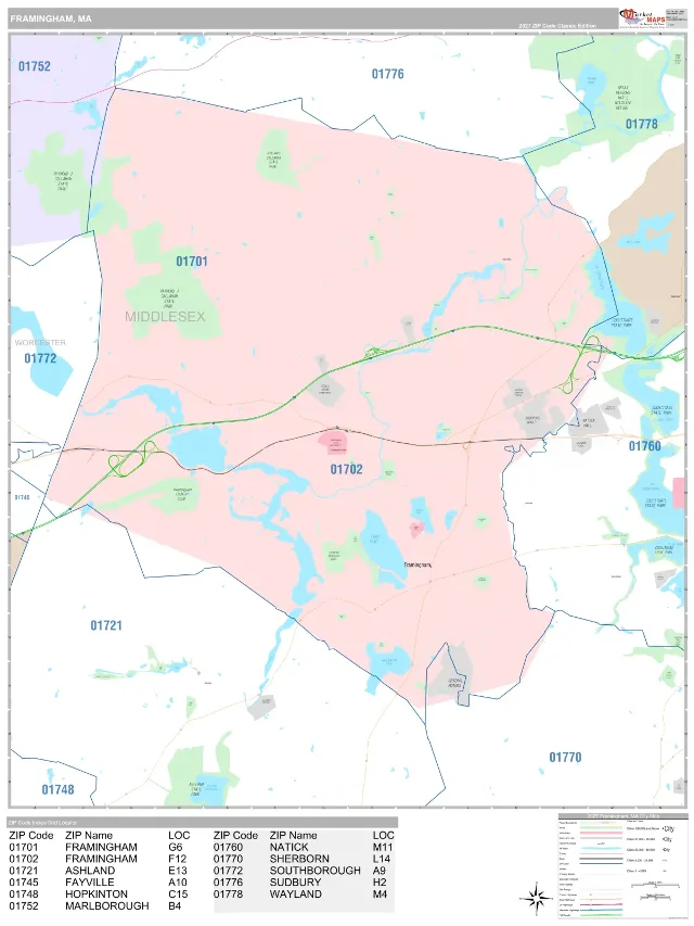 Framingham, MA ZIP Code Wall Map, Classic style