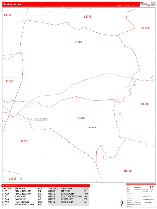 Framingham, MA ZIP Code Wall Map, RedLine style