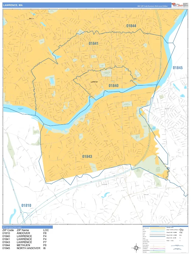 Lawrence, MA ZIP Code Wall Map, Business Reference style