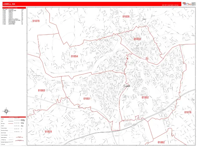 Lowell, MA ZIP Code Wall Map, RedLine style