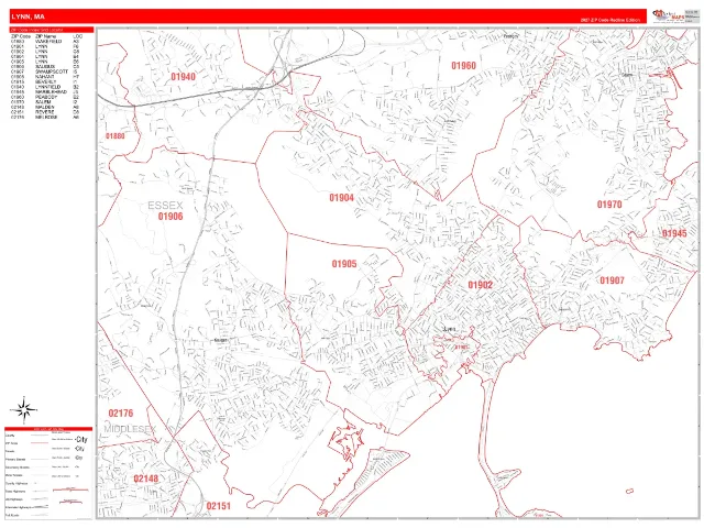 Lynn, MA ZIP Code Wall Map, RedLine style