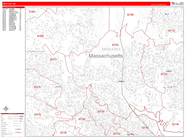 Medford, MA ZIP Code Wall Map, RedLine style