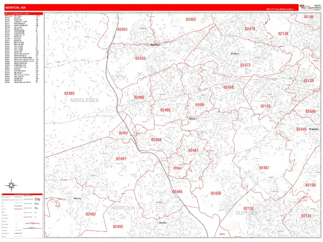Newton, MA ZIP Code Wall Map, RedLine style