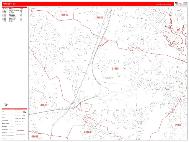 Peabody, MA ZIP Code Wall Map, RedLine style